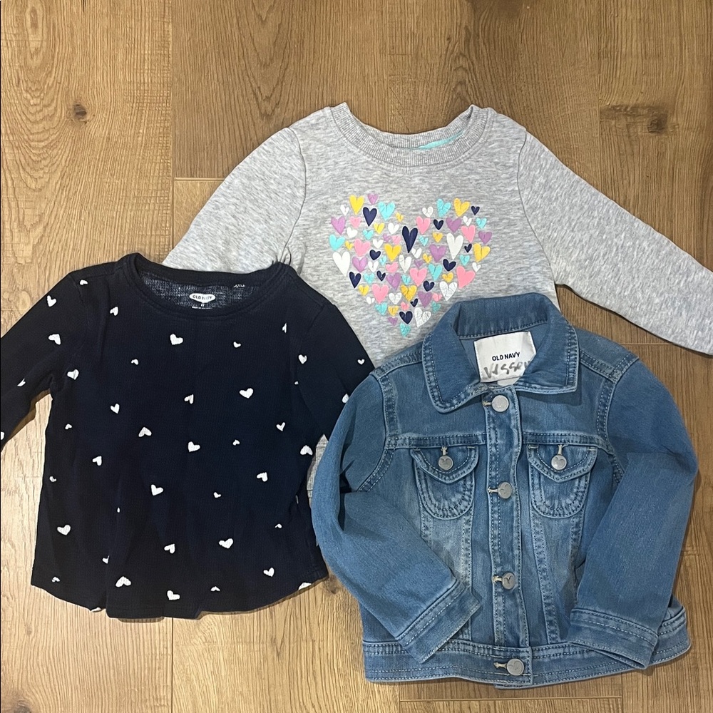 Fall Bundle- Old Navy Denim Jacket and Heart Print Top, Cat and Jack Sweatshirt